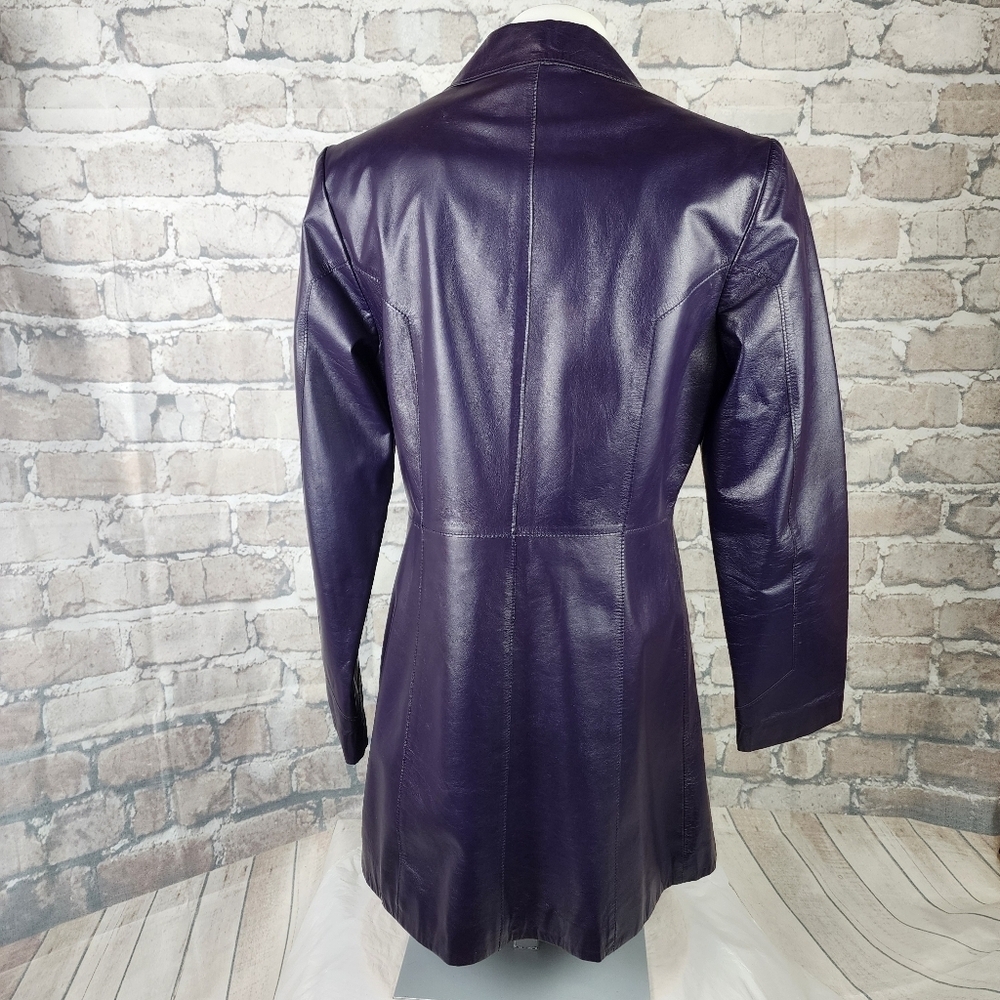Vintage Danier Leather Button Front Trench Coat Dark Purple Size 6 Whimsigoth - Picture 8 of 16